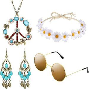 Hippie Costume Accessories Set 60s 70s Glasses Peace Necklace Earrings